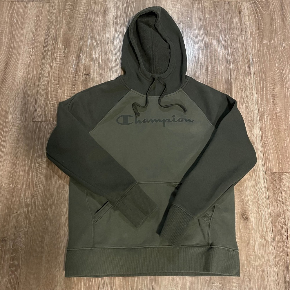 Champion Mens Hoodie Size M Green Cotton Blend Two Tone Pullover Sweatshirt